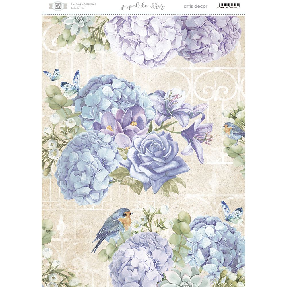 PAPEL ARROZ DECORADO ARTIS DECOR 29,7X42CM. HORTENSIAS
